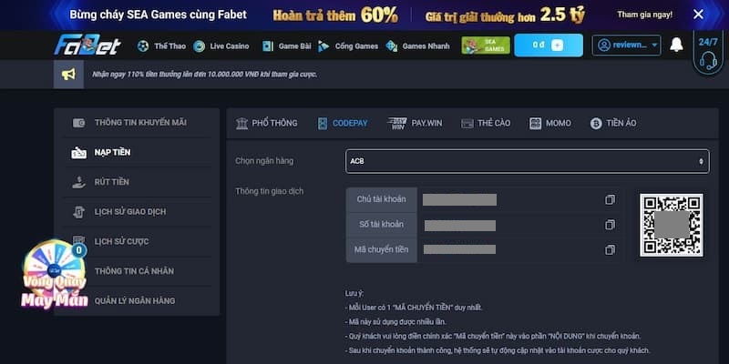 Giao dịch nạp tiền FABET tiện lợi với codepay