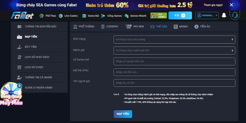 Nạp tiền FABET qua thẻ cào không cần ngân hàng