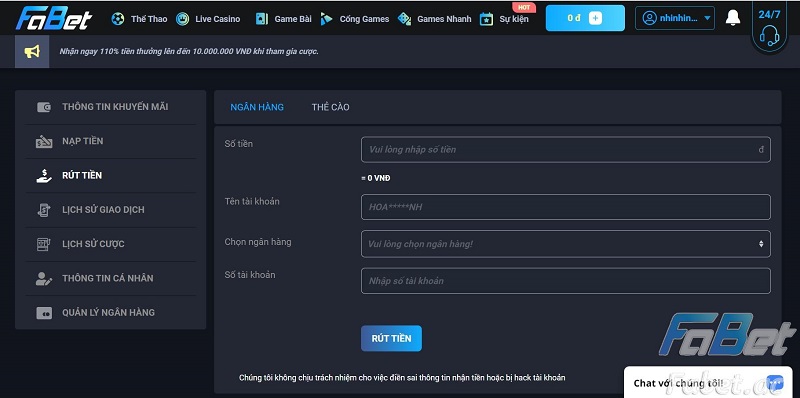 Rút tiền FABET qua tài khoản ngân hàng của bạn