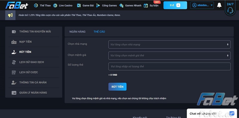 Rút tiền FABET bằng thẻ cào